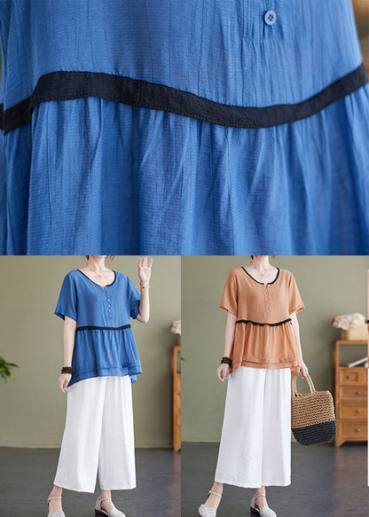 Diy Blue Wrinkled Patchwork Button Tops and Crop Pants Linen Two Pieces Set Summer