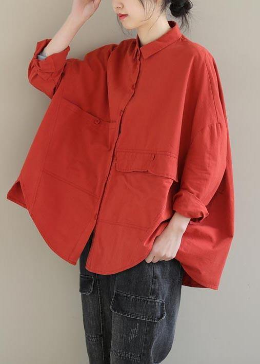 Red Blouse Lapel Asymmetric Short Shirt Top