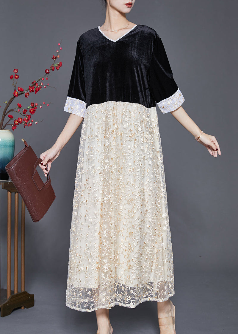 Black V Neck Patchwork Lace Silk Velour Long Dresses Half Sleeve