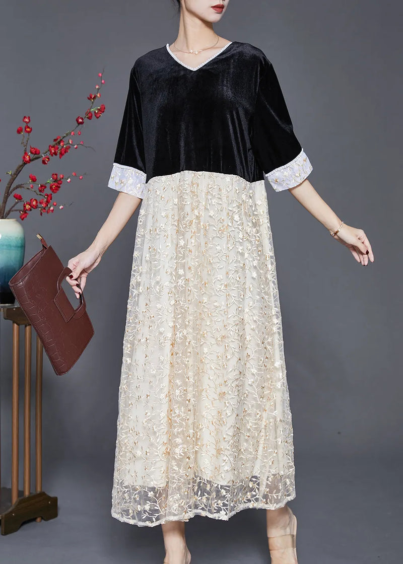 Black V Neck Patchwork Lace Silk Velour Long Dresses Half Sleeve