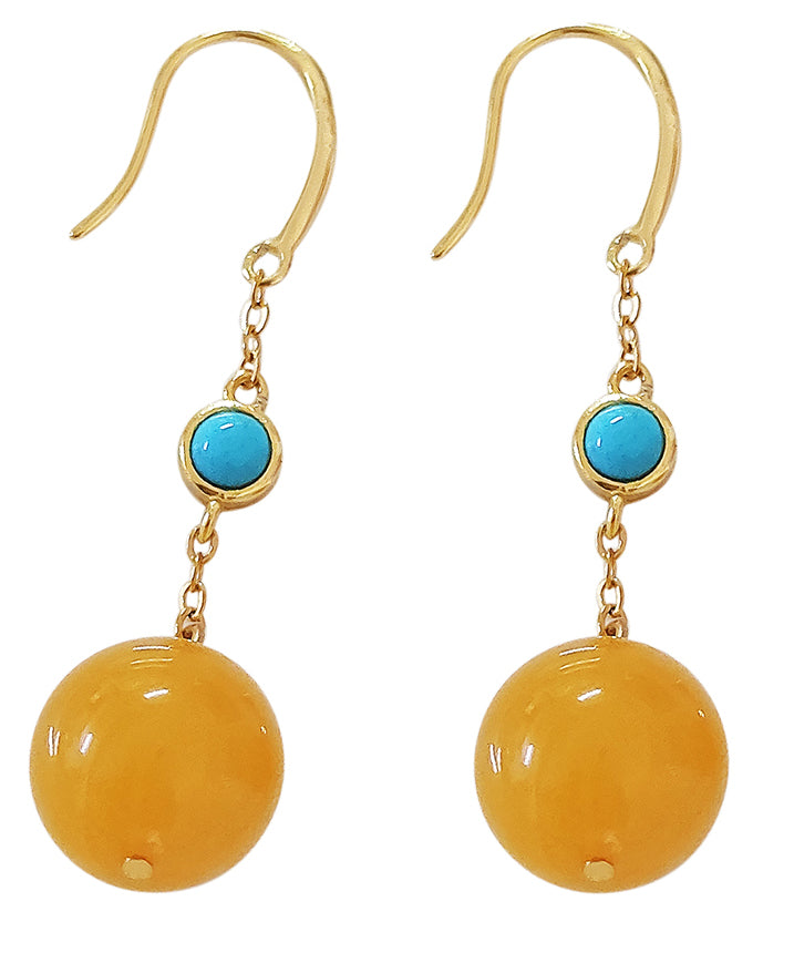 Yellow Sterling Silver Inlaid Beeswax Turquoise Drop Earrings