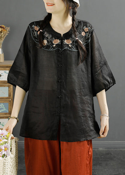 Chinese Style Khaki Embroideried Linen Shirt Tops Lantern Sleeve