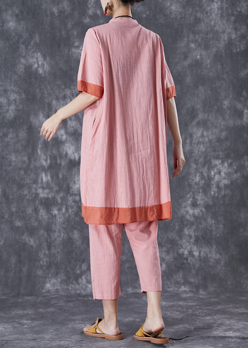 Pink Patchwork Lace Up Linen Dress and Pants Two Pieces Set Summer