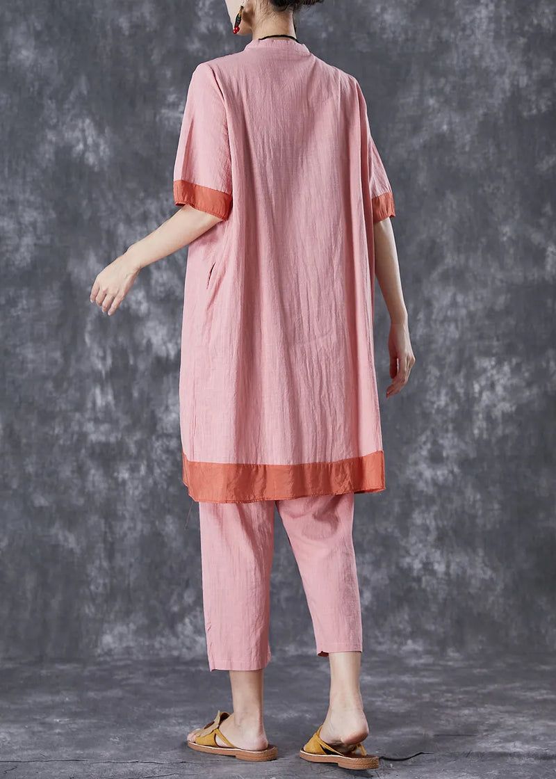 Pink Patchwork Lace Up Linen Dress and Pants Two Pieces Set Summer