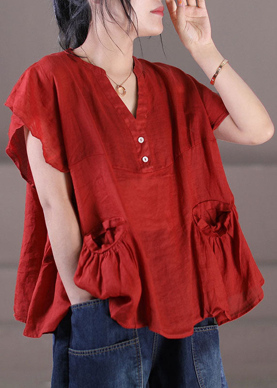 Red V Neck Patchwork Cotton Linen Tank Tops Short Sleeve