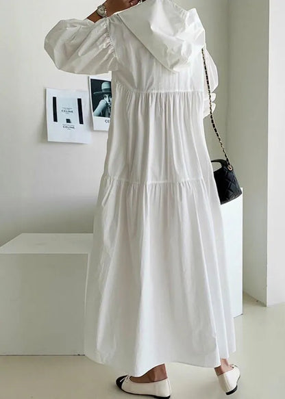 White Hooded Oversized Cotton Maxi Dresses Lantern Sleeve