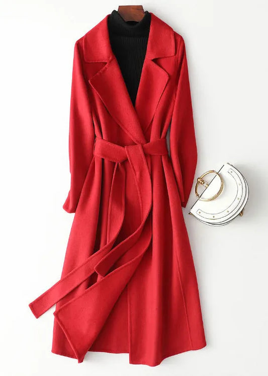 Red Notched Patchwork Woolen Long Coats Fall