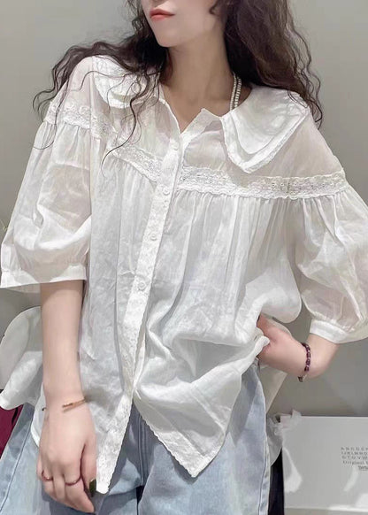 Blue Peter Pan Collar Lace Cotton Blouses Half Sleeve Fall