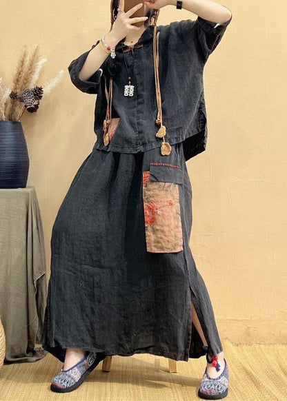 Coffee Hooded Patchwork Tops and Skirts Cotton Two Pieces Set Summer