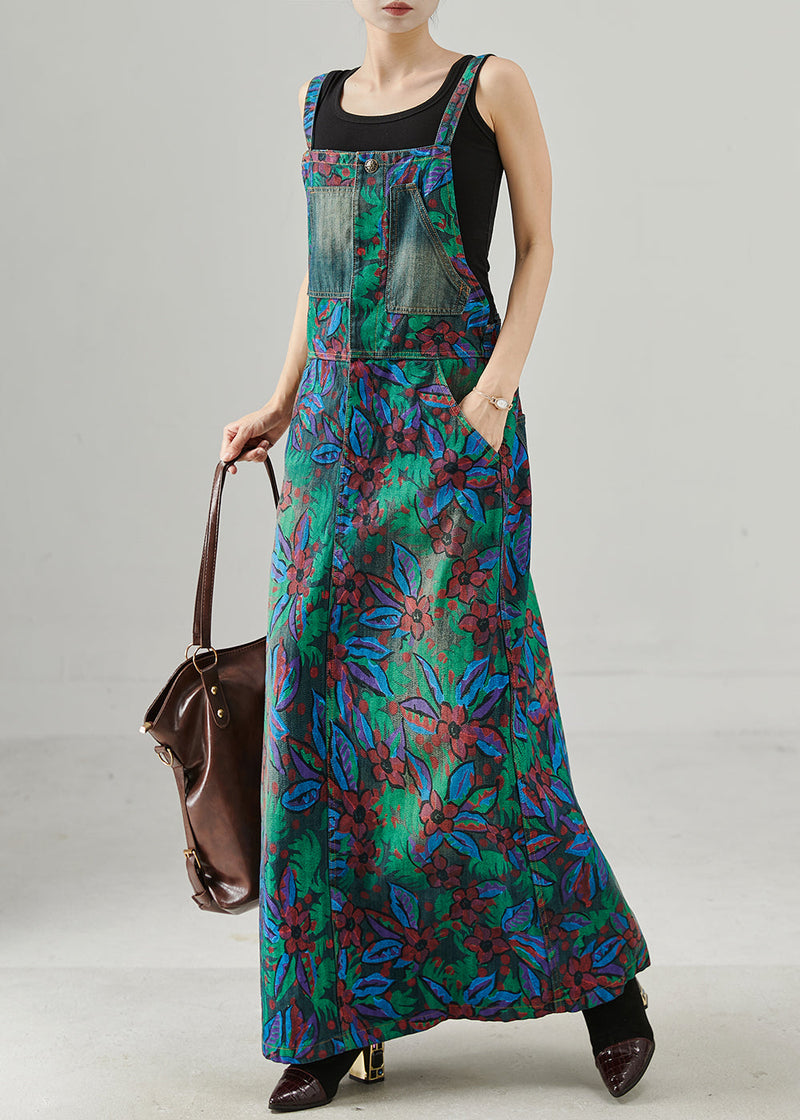 Navy Print Denim Overall Dress Spring