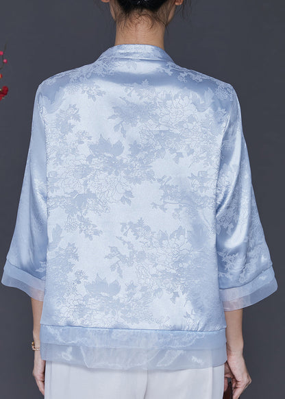 Blue Embroidered Patchwork Oriental Silk Blouses Spring