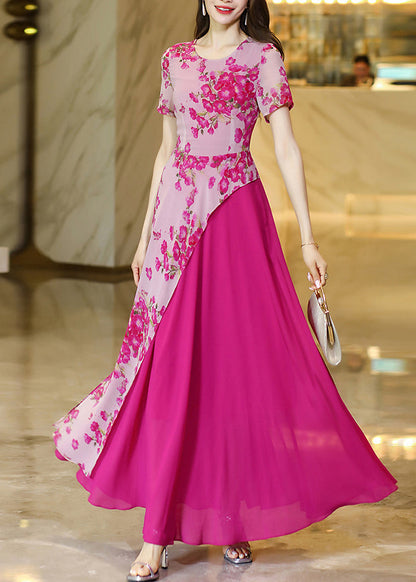 Rose Asymmetrical Print Patchwork Chiffon Dresses Summer