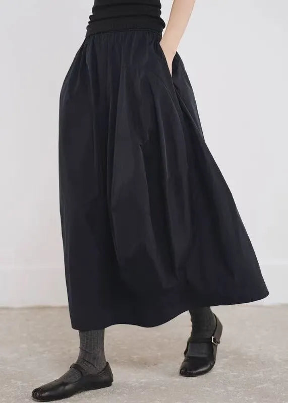 Simple Black Pockets Elastic Waist Cotton a Line Skirts Fall