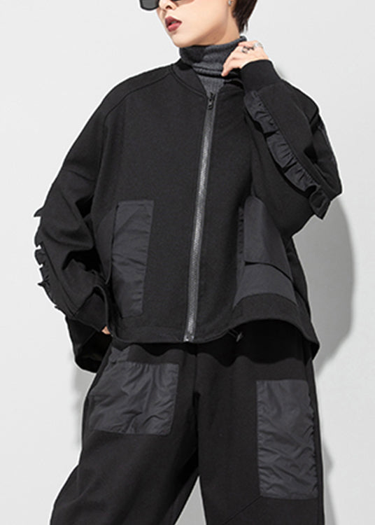 Black O-neck Zippered Pockets Patchwork Coat Long Sleeve