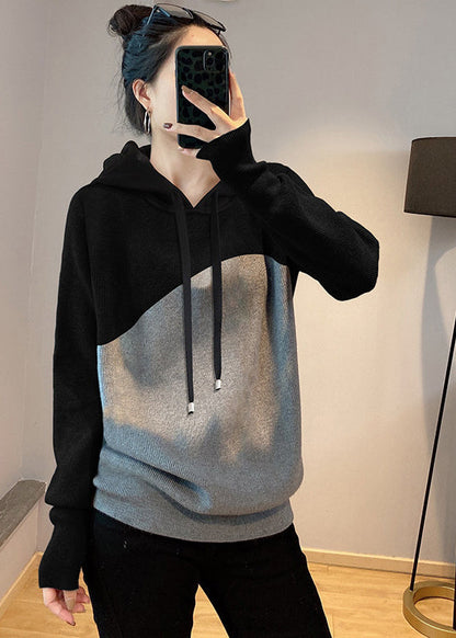 Black Grey Drawstring Hooded Patchwork Knit Sweatshirts Top Spring