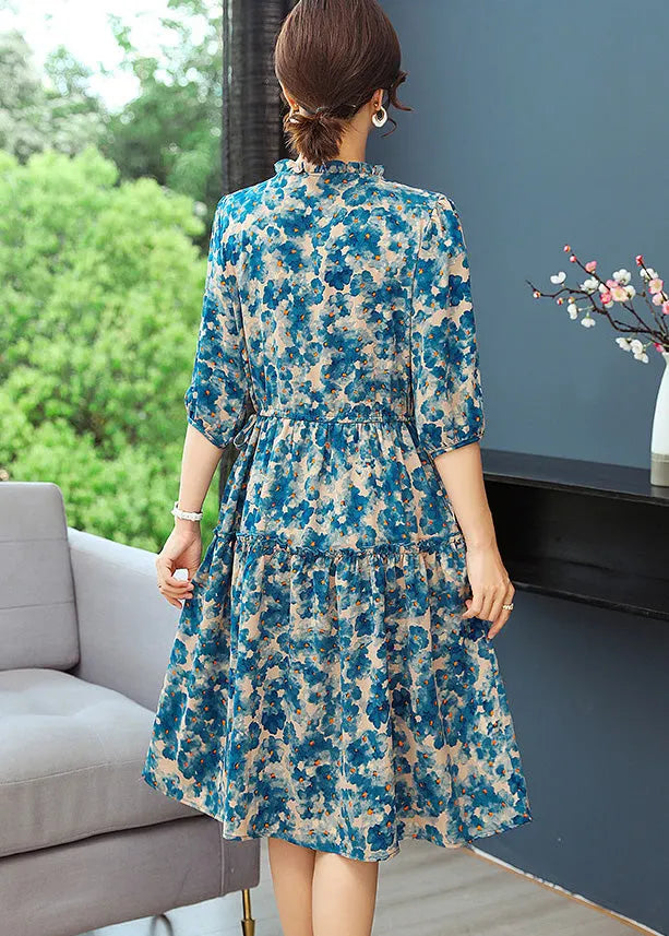 Blue Print Tunic Dresses Ruffled Summer
