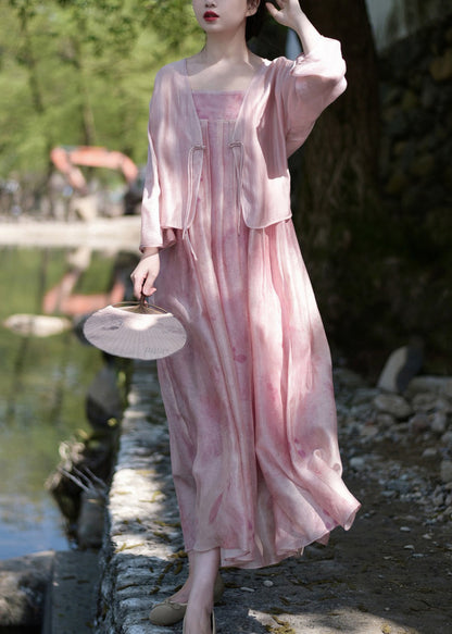 Pink Button Print Silk Linen Two Pieces Set Long Sleeve
