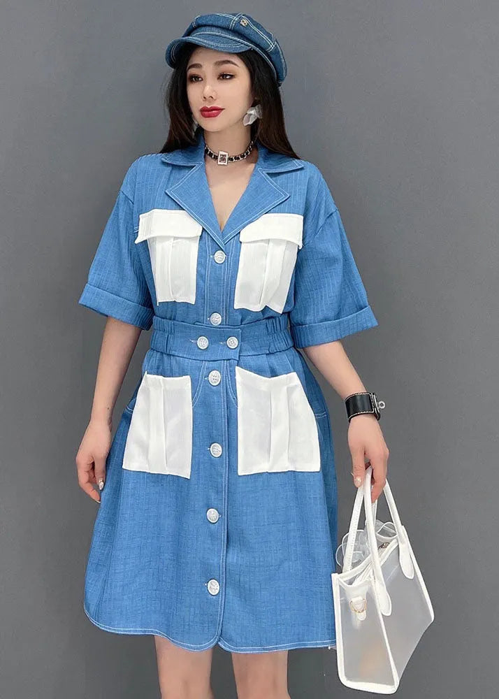 Art Denim Blue Peter Pan Collar Patchwork Pockets Cotton Holiday Dress Short Sleeve