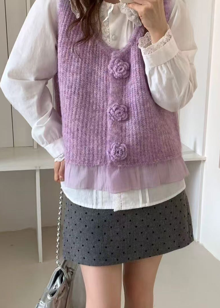 Purple Patchwork Knit Vests V Neck Decorated Spring