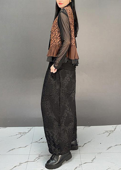 Brown V Neck Tassel Ruffled Cotton Vest Fall