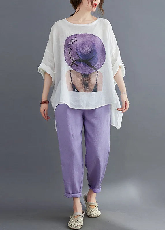 Purple Asymmetrical Design Print Cotton Two Pieces Set Summer