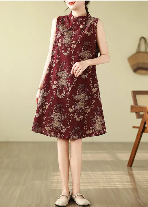 New Retro Mulberry Mandarin Collar Print Cotton a Line Dress Sleeveless