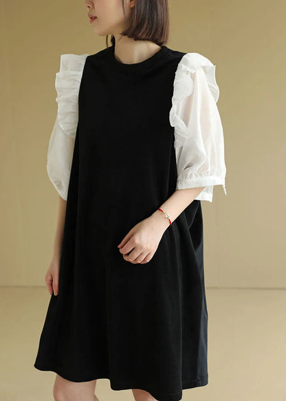 Black O-neck Patchwork Ruffles Velour a Line Dress Half Sleeve