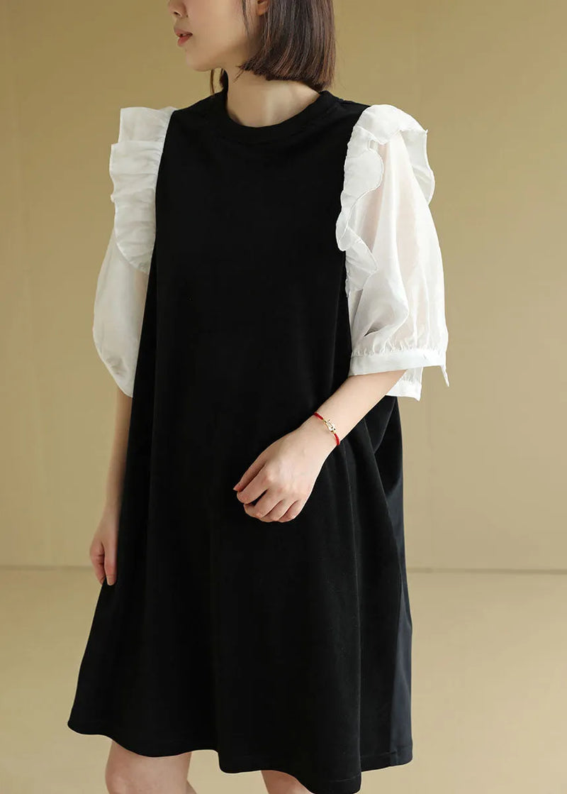 Black O-neck Patchwork Ruffles Velour a Line Dress Half Sleeve