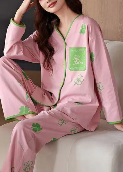 Art Pink Button Print Tops and Pants Cotton Pajamas Two Piece Set Fall