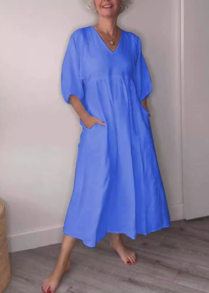 Brief White V Neck Patchwork Pockets Holiday Long Dress Half Sleeve