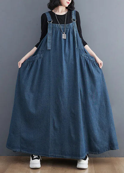 Blue Pockets Patchwork Denim Spaghetti Strap Dress Sleeveless