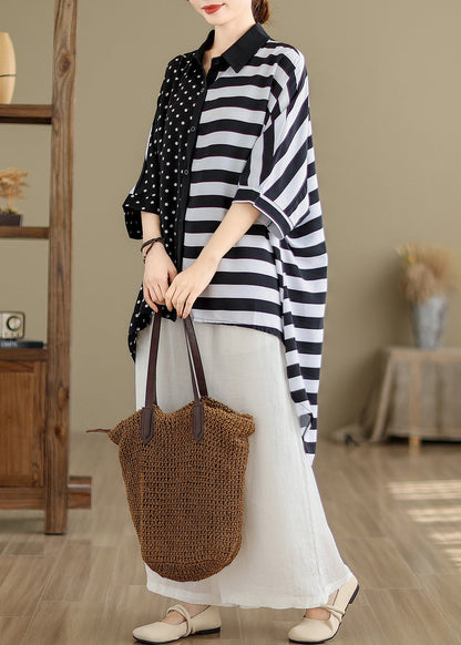 Black Peter Pan Collar Low High Design Cotton Shirt Summer