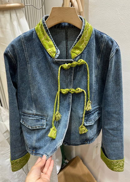 Green Stand Collar Chinese Button Denim Coat Spring