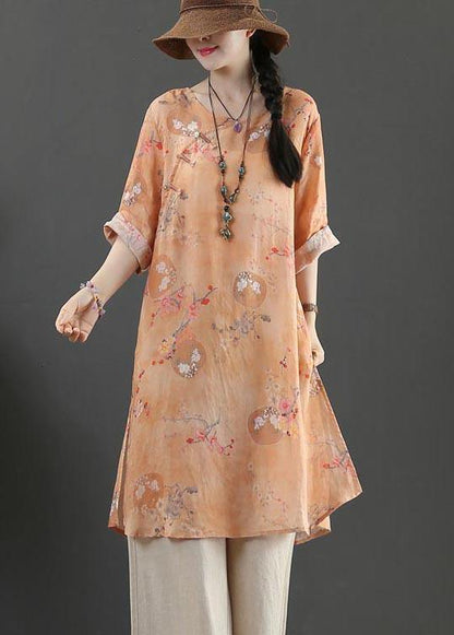 Orange Print Long Linen Top Summer