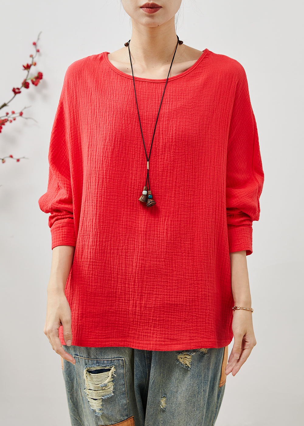 Red Oversized Cotton Sweatshirts Top Spring