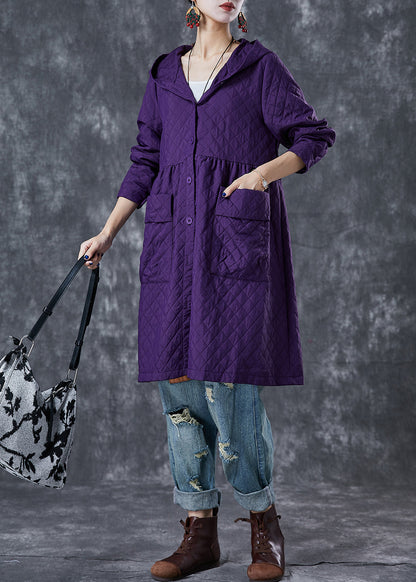 Purple Hooded Pockets Cotton Tench Coats Fall