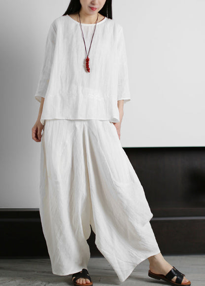 White O-neck Linen Tops and Harm Pants Two Pieces Set Three Quarter Sleeve