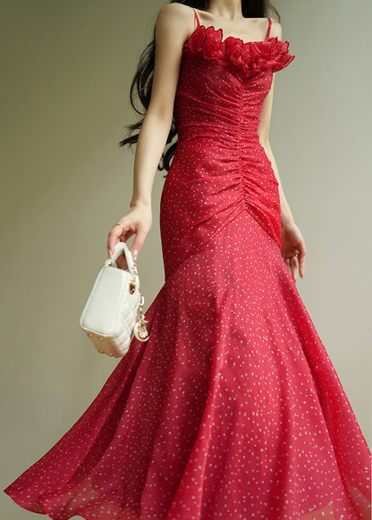 Red Dot Wrinkled Chiffon Spaghetti Strap Dress Sleeveless