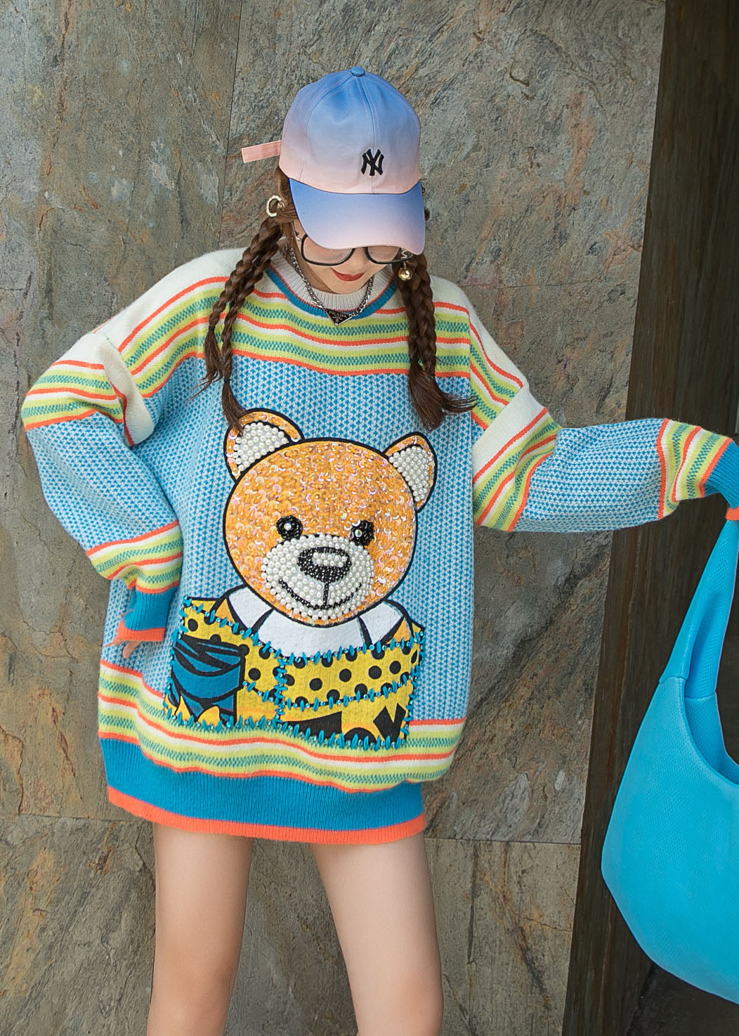 Blue O-neck Nail Bead Patchwork Fall Loose Sweater