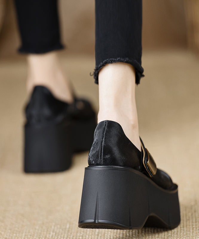 Handmade Buckle Strap Splicing Wedge High Heels Black Silk