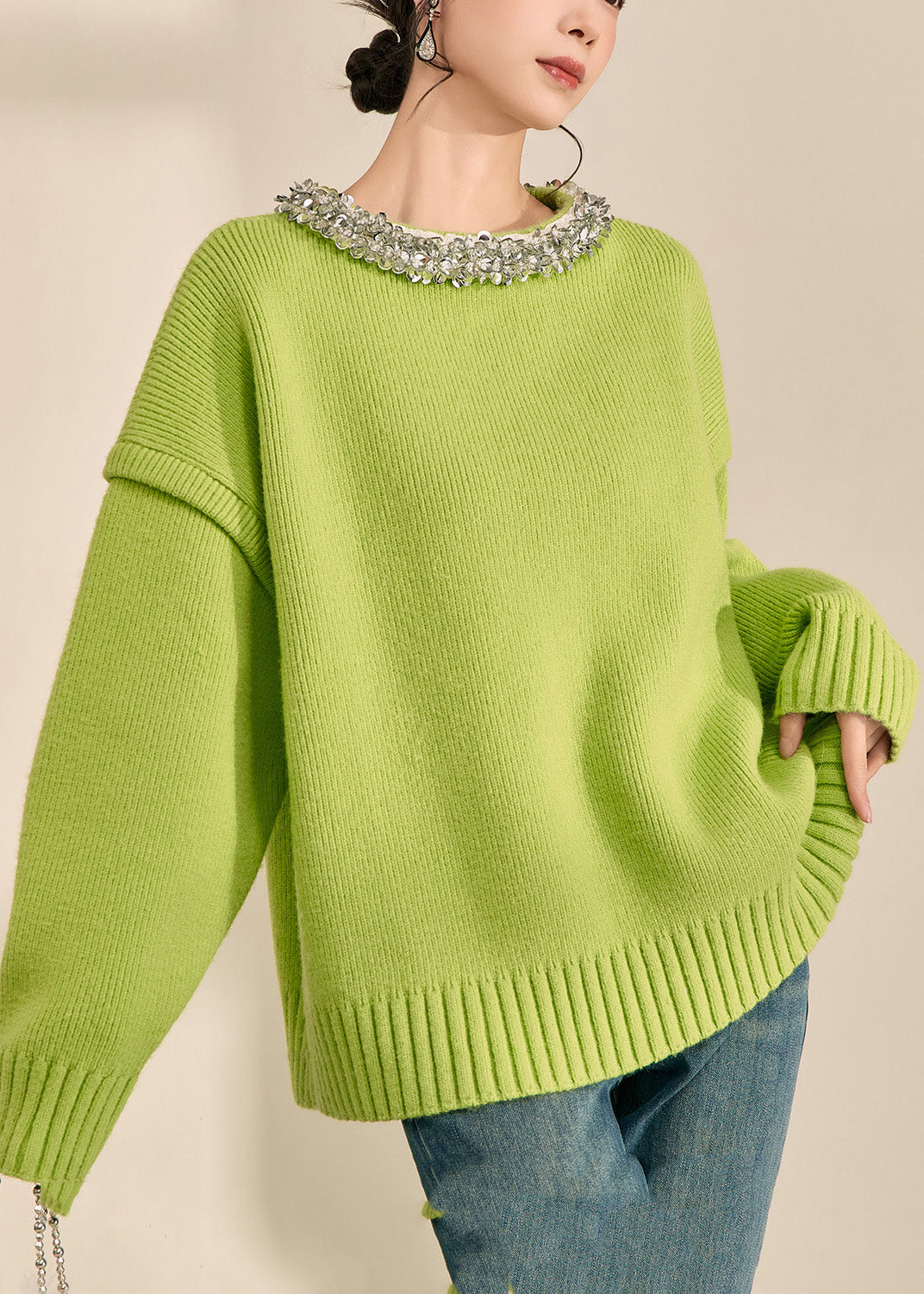 Green O-neck Patchwork Cotton Knit Sweater Long Sleeve Winter