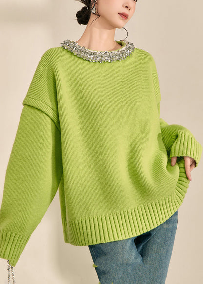 Green O-neck Patchwork Cotton Knit Sweater Long Sleeve Winter