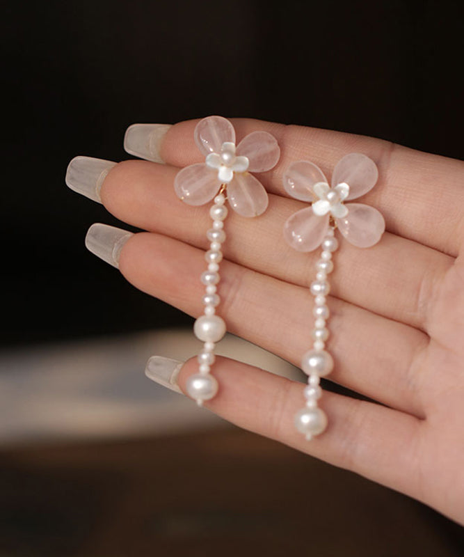 Pink Weave Crystal Pearl Tassel Drop Earrings