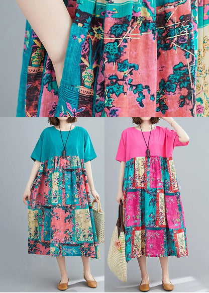 Green Print Extra Large Hem Dresses Wrinkled Short Sleeve