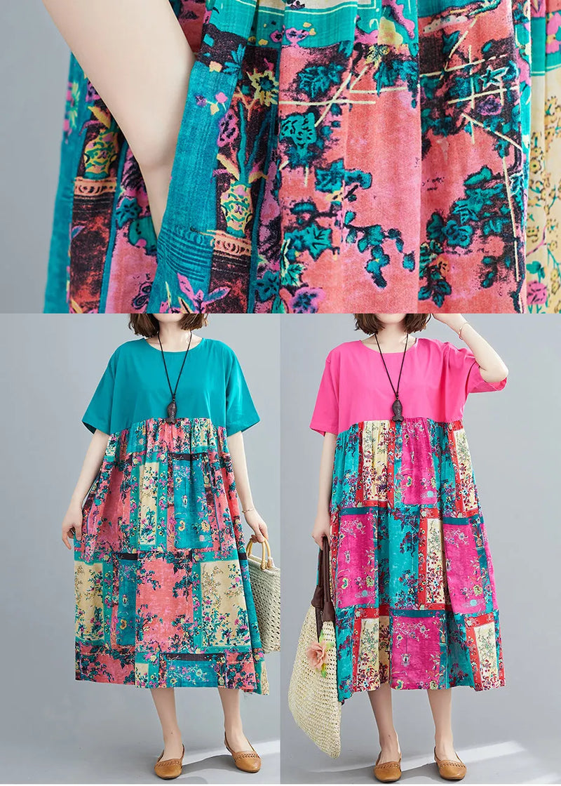 Green Print Extra Large Hem Dresses Wrinkled Short Sleeve
