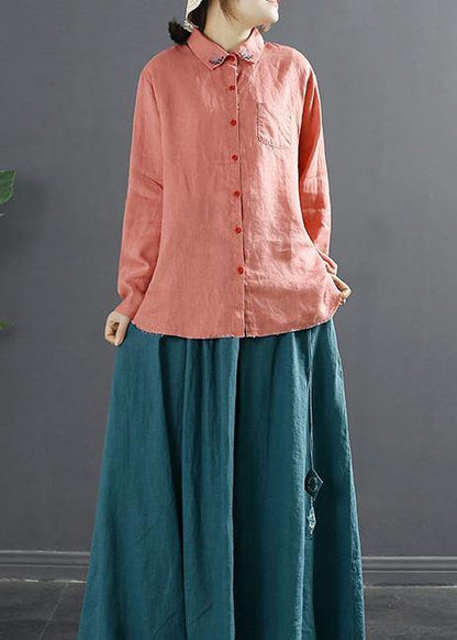 French Red Shirts Lapel Embroidery Blouses
