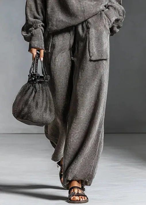 Grey Hooded Zippered Elastic Waist Two Pieces Set Spring