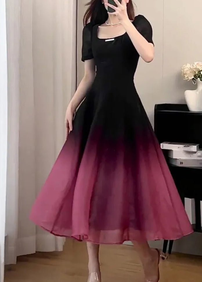 Black O-neck Gradient Color Long Dresses Short Sleeve