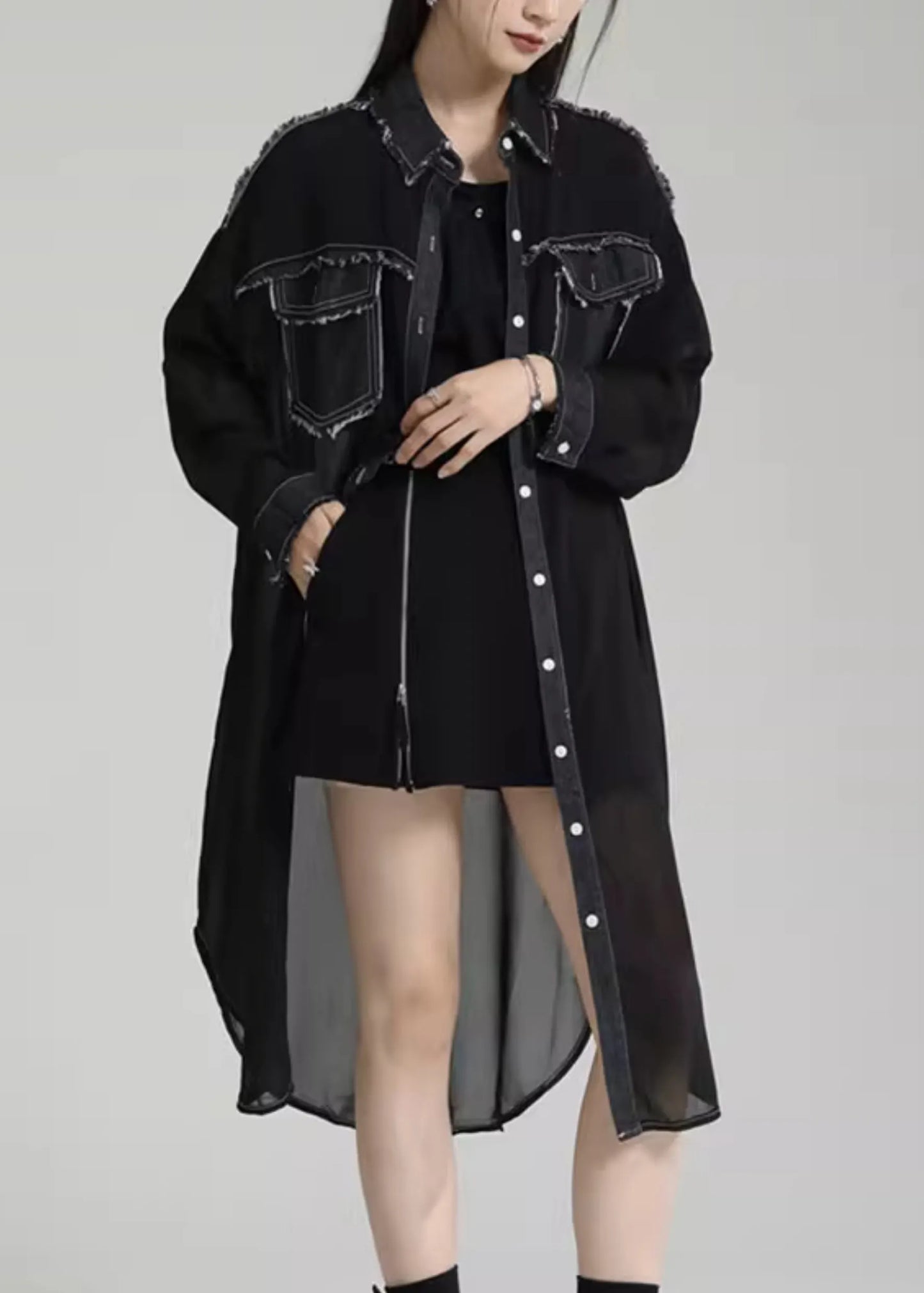 Unique Black Peter Pan Collar Pockets Patchwork Chiffon Upf 50+ Coats Summer