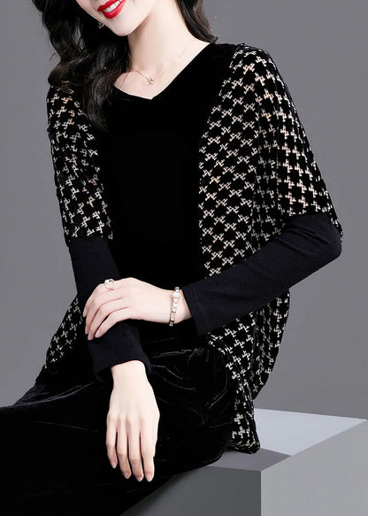 Black V Neck Plaid Patchwork Velour Tops Long Sleeve
